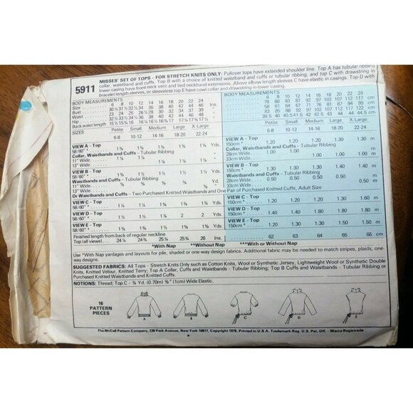 Vintage 70s McCalls 5911 Pullover Knit Top Size Small Sewing Pattern 1978 Cut - Picture 3 of 3